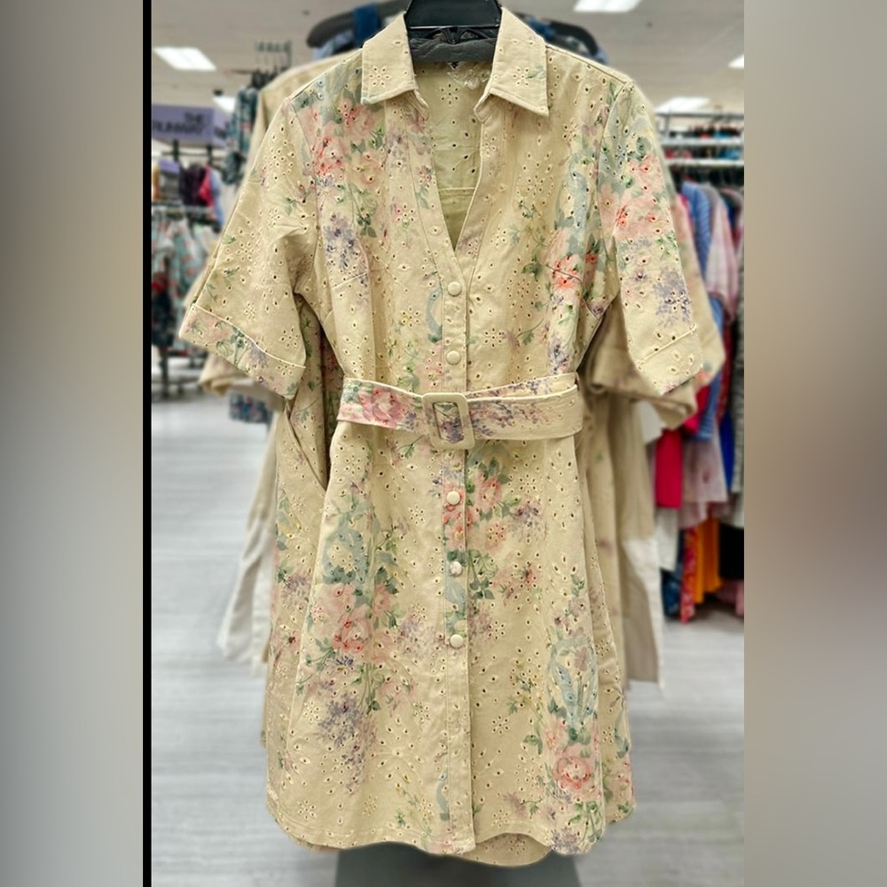 Solitaire Floral Eyelet Belted Shirt Dress